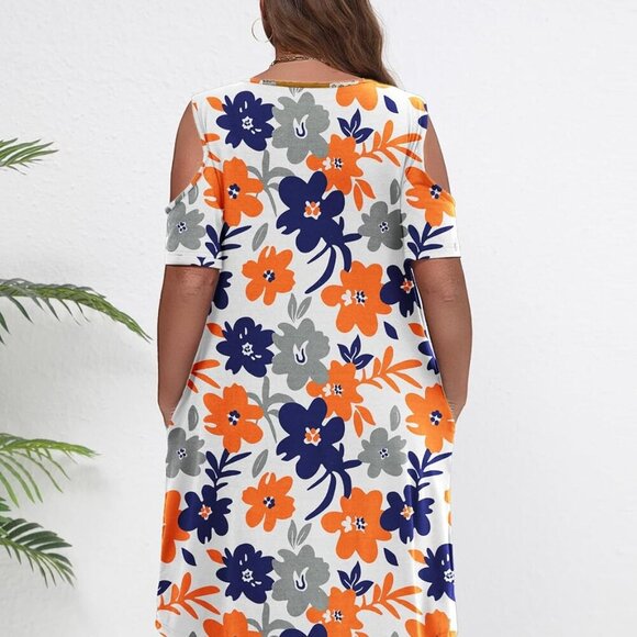 Women's Plus Size Summer Dress Floral Short Sleeve Casual Mini Pockets - Picture 4 of 4